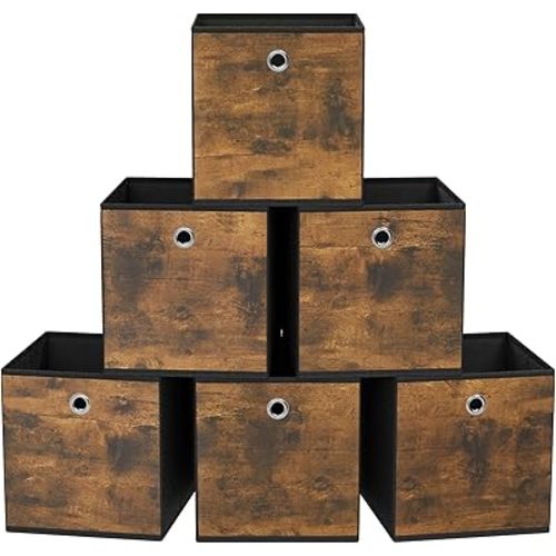 SONGMICS Storage Cubes, Set of 6 Storage Bins with Handles, Foldable Oxford Fabric and Non-Woven Fabric Storage Boxes, 13x13x13 Inches, Fit Cube Storage Unit, Rustic Brown and Black URFB133B01