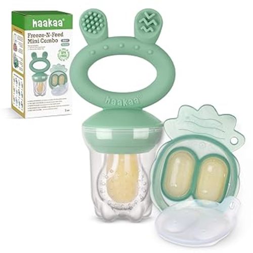 Haakaa Baby Fruit Food Feeder & Mini Freezer Nibble Tray Combo, Breastmilk Popsicle Molds for Cooling Relief, BPA Free Silicone Feeder for Safe Infant Self Feeding, 4 Month+ (Pea Green)