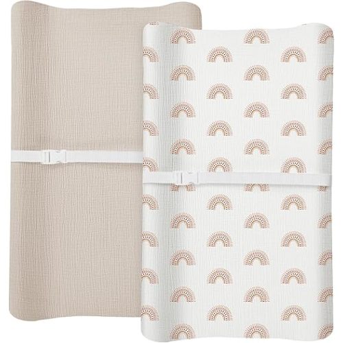 Changing Pad Cover for Baby Boy Girl 2 Pack, Muslin Changing Table Pad Covers with Boho Style, Neutral Nursery Bedding Essentials Soft and Breathable(Beige & Rainbow)
