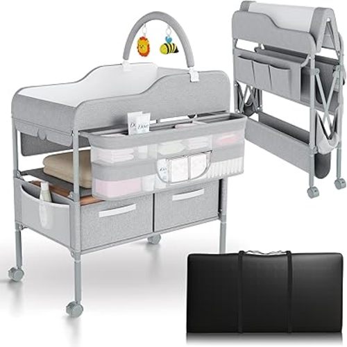 Portable Changing Table for Baby - Foldable Changing Table, Baby Diaper Changing Station with Baby Changing Station Toy Holder, Diaper Changing Table Bag - Portable Baby Changing Table with Wheels