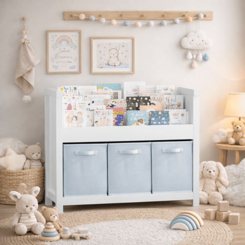 Jopath Kids Bookshelf with 3 Storage Cabinet,Wooden Toy Storage Cabinet Organizer for Bedroom,Living Room,White