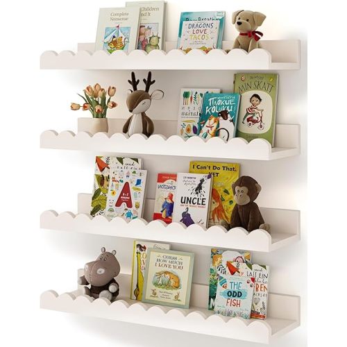 Nursery Book Shelves, 4-Pack White Floating Shelves for Wall Kids, Scalloped Shelves, Wall Book Shelves for Bedroom Kids, Toddler Room, Baby Room, Nursery Decor