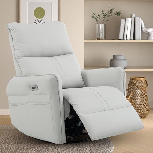 Swivel Rocker Recliner, Power Glider Recliner for Nursery, 270° Swivel Recliner Chair for Living Room, Small Rocker Recliner, Overstuffed Faux Leather Rocking Recliner - Grey+white