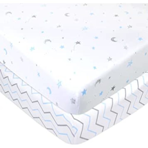American Baby Company 2 Pack 100% Natural Cotton Fitted Pack and Play Sheets 39" x 27" - Soft & Breathable Pack N Play Sheets for Playard & Mini Crib Mattress, Blue Stars/Zigzag, for Boys & Girls