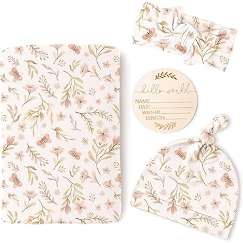 Konssy Baby Girl Newborn Receiving Blanket with Matching Headband and Beanie Set Baby Swaddle Nursery Swaddle Wrap
