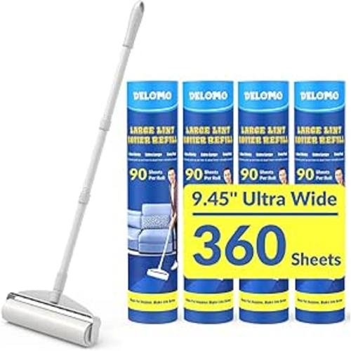 Large Lint Rollers for Carpet, Sticky Rollers for Floor DELOMO 9.45 in with 3 Extendable Handle, Long Handle Sticky Mop for Cleaning Carpets, Cars, Clothing, and Pet Hair