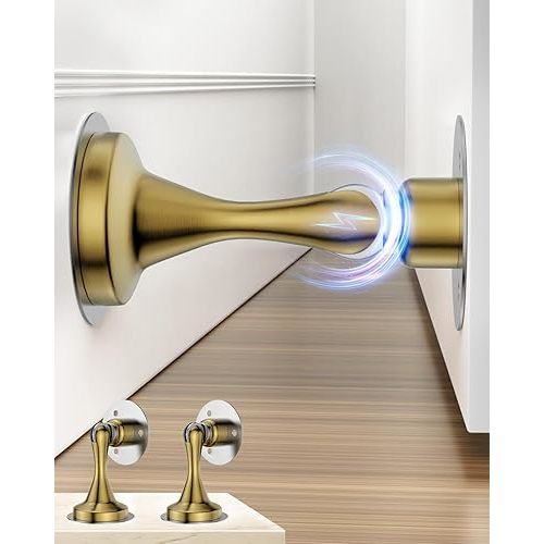 Door Stoppers Magnetic Door Catch - 2 Pack Stainless Steel Heavy Duty Door Stops for Bottom of Door, Wall & Floor Mounting No-Drill Strong Adhesive & Screws, Strong Door Holder to Keep Door Open,Gold