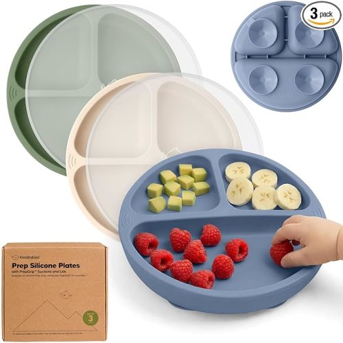 KeaBabies Suction Plates with Lids for Baby - 3-Pack 100% Silicone Toddler Plates with Suction, Divided, BPA-Free Baby Led Weaning Essentials for Kids, Dishwasher, Microwave Safe, Durable (Slate)