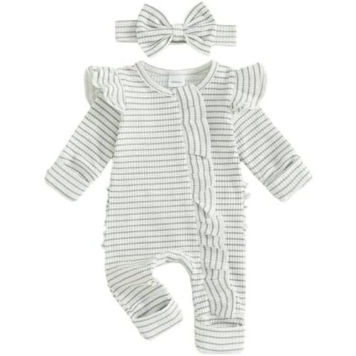 Baby Girl Coming Home Outfit Newborn Ruffle Onesie Long Sleeve Zipper Romper Jumpsuit Cute Clothes+Headband