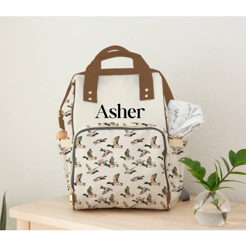 Duck Diaper Bag, Baby Personalized Mallard Duck Diaper Bag Boy, Duck Baby Shower Gift, Custom Baby Name Backpack