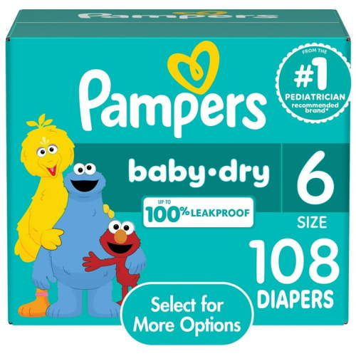 Pampers Baby Dry Diapers Size 6, 108 Count - Hypoallergenic, Leakproof, with LockAway Channels and Dri-Weave Liner