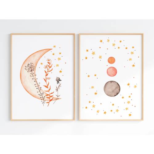 Boho Moon And Stars Nursery Decor, Wall Art Set Of 2 Celestial Prints, Baby Room Moon Watercolors, Digital Download Artwork