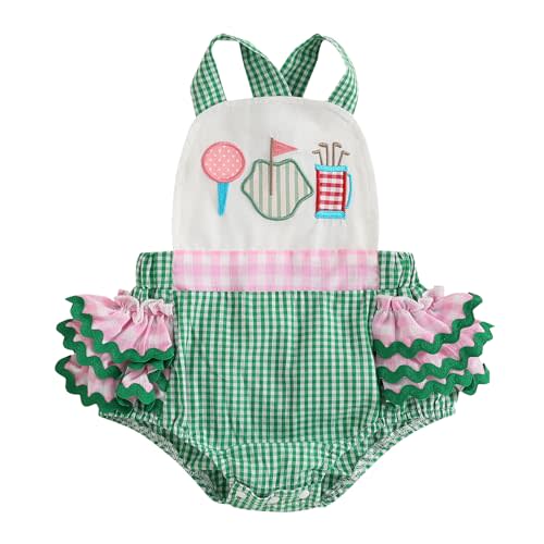 Suolongsama Newborn Baby Girl Golf Outfit Sleeveless Overall Romper Golf Embroidery Ruffle Backless Bodysuit Summer Clothes