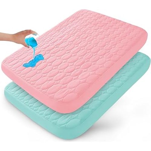 Pack and Play Sheets Fitted Quilted Waterproof Protector, 2 Pack Playard Mattress Pad Compatible with Graco Pack n Play, Mattress Cover fits for Baby Playpen Mattress, Mini Crib, Pink&Aqua