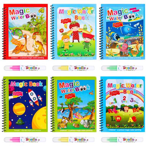 HEQUSIGNS 6Pcs Magic Water Coloring Books, Reusable Painting Books with Water Drawing Pen, Educational Coloring Drawing Books Gifts for Kids Toddlers 3+