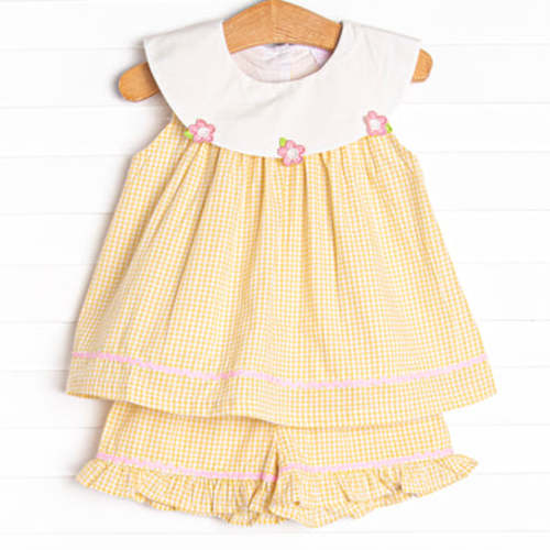 Flower Fields Applique Short Set, Yellow – Stitchy Fish