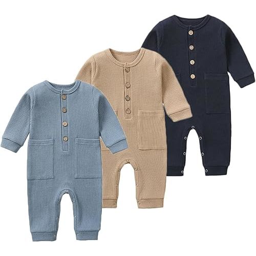 BeiVSlley Newborn Baby Boy Girl 2 Pack Knitted Long Sleeve Romper Infant Cotton Button Solid Footless Onesie Outfits Clothes