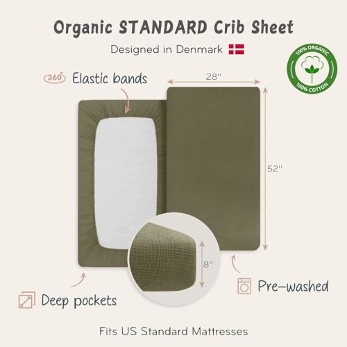 Crib Sheets – Organic Cotton Muslin Fitted Crib Sheet – Standard Size for Baby Boy and Baby Girl 28" x 52" Ultra-Soft and Breathable. (Sage Green)