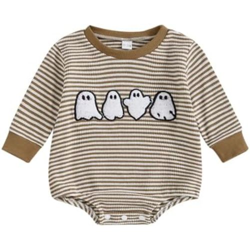 Newborn Halloween Outfit Baby Boy Girl Pumpkin/Ghost/Tipper Truck Embroidery Stripe Bubble Romper Fall Clothes