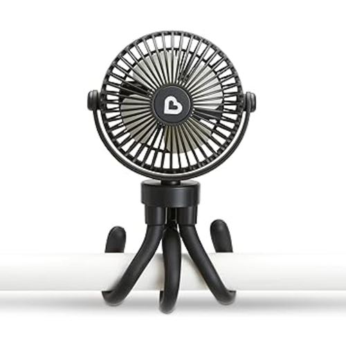 Munchkin Stroller Fan - Portable Fan for Travel, Baby Gear Accessory with 4 Speeds, Flexible Clip-on Leg Attachment, Rechargeable Battery, Black with Multicolored LED Lights