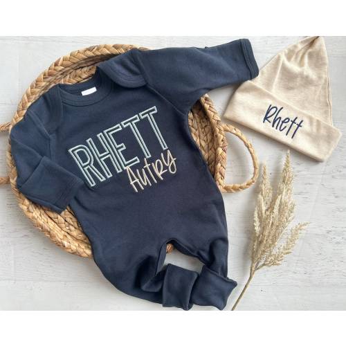 Personalized navy blue, and beige newborn outfit, coming home outfit for baby boy, gift for baby boy, hospital outfit, baby shower gift