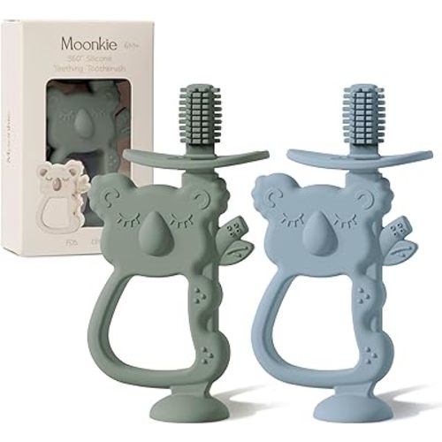 Moonkie Teething Toy Set of 2, Safe & Easy to Hold BPA Free Silicone Teethers, 360° Baby Toothbrush with Suction Base, Teether Toys Best for Babies 6-12 Months (Koala Ether/Sage)