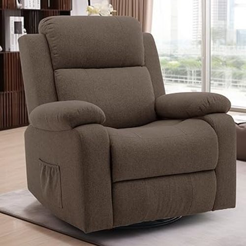 Recliner Chair for Adults, 360° Swivel Rocker Reclining Chairs, Nursery Rocking Chair with Massage and Heat, Upholstered Fabric Chair with Side Pockets, Oversized Glider for Living Room, Brown
