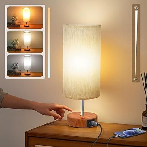 Aokudoni Stepless Dimming Small Lamp with 3 Color Temperature, Touch Table Lamps for Nightstand with USB A + C Ports, Bedside Lamps for Living Room Bedroom, Gifts for Girl Mom, Beige