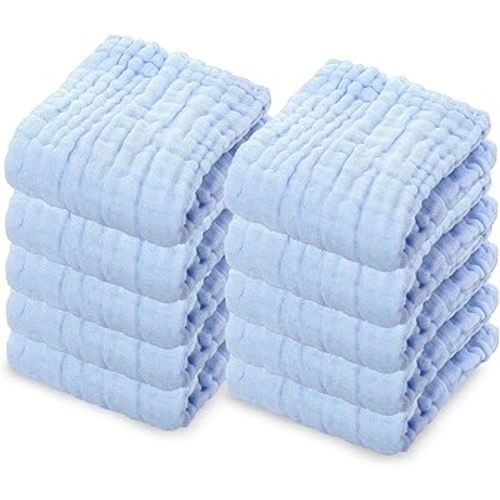 10 Pack Soft Muslin Unisex Baby Washcloths for Daily Use, 100% Cotton Set for Delicate Skin. Soft and Super Absorbent, Newborn Baby Essentials and Baby Registry,12x12 Inches (Blue)