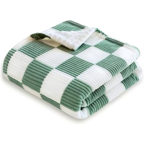 HOMRITAR Checkered Baby Blanket for Boys Sage Green Comfy Durable Corduroy Toddler Blanket with Double Layer 3D Square Grid Backing, Reversible Lightweight Bed Blanket for Infant Newborn 30 x 40 Inch