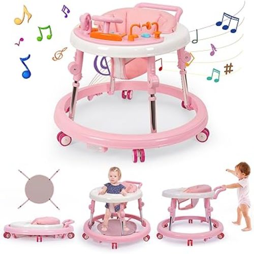 Music and Lights Baby Walker Foldable with 9 Adjustable Heights, Baby Walker with Wheels Portable, Baby Walkers and Activity Center for Boys Girls Babies 7-18 Months (New-Pink)
