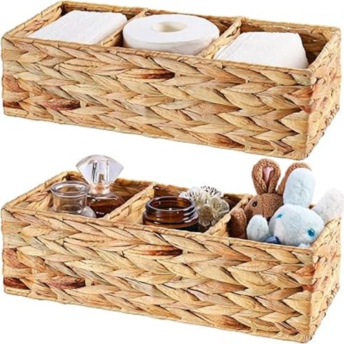 Vagusicc 3 Section Wicker Storage Basket, Hand-Woven Water Hyacinth Storage Baskets, Wicker Baskets for Storage, Toilet Paper Basket for Toilet Tank Top, Small Baskets for Organizing Shelves, 2-Pack