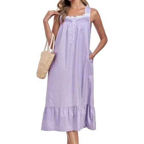 100% Cotton Nightgowns For Women Sleeveless Night Gown Long Sleep Dress With Pockets
