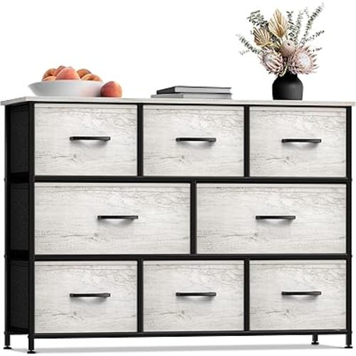 Sorbus Dresser with 8 Faux Wood Drawers - Chest Organizer Unit with Steel Frame Wood Top & Handle Easy Pull Fabric Bins for Clothes - Wide Storage Furniture for Bedroom Hallway, Living Room & Closet