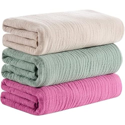 Uuisex Baby 100% Muslin Cotton Receiving Blankets for Boys and Girls, 31x35 Inches, Pack of 3, Beige/Sage Green/Rose Pink