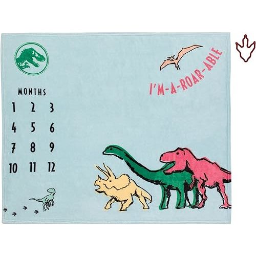 NoJo Welcome to The Universe Baby Jurassic World Blue, Green, Orange and Yellow I'm-a-Roar-able Dinosaur Super Soft Milestone Baby Blanket