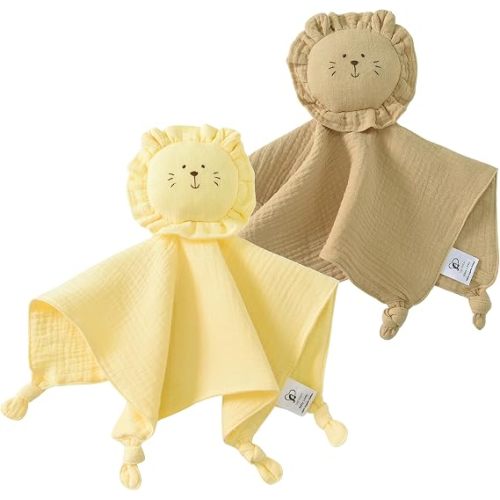 Organic Cotton Baby Lovey Security Blanket, 2-Pack Lion Stuffed Animal Comforter Blankie