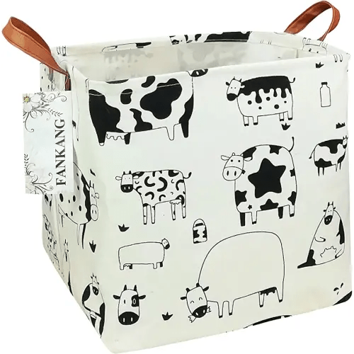 FANKANG Square Nursery Hamper Storage Bins Canvas Laundry Basket Foldable with Waterproof PE Coating Storage Baskets Gift Baskets for Children, Office, Bedroom, Clothes(Square-Cows )