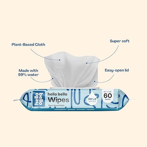 Hello Bello Extra Gentle Unscented Baby Wipes, Plant Based, Made with 99% Water and Aloe for Babies and Kids, 60 Count (Pack of 9) Total 540 Count
