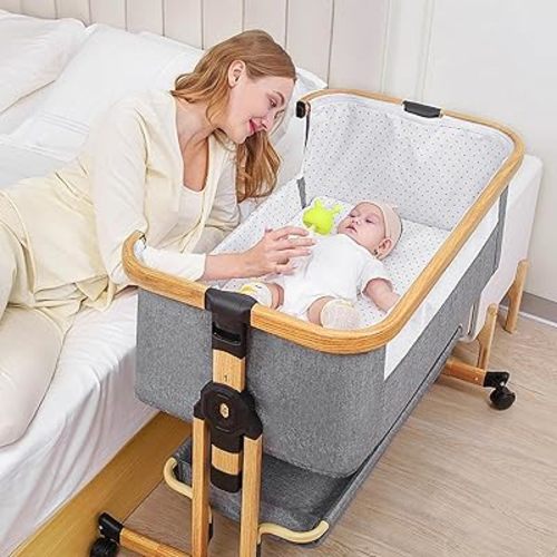 Baby Bassinet Bedside Sleeper, 3 in 1 Bedside Bassinet, 6 Height Adjustable Easy Folding Portable Bedside Crib with Mosquito Net for Newborn Infant, Storage Basket and Wheels (Grey)