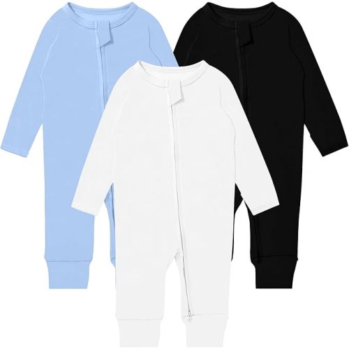 3-6 MONTHS : GUISBY Long Sleeve Cotton Pajamas Footless Baby Bodysuits with Zipper and Mittens 3-Pack for Boys Girls