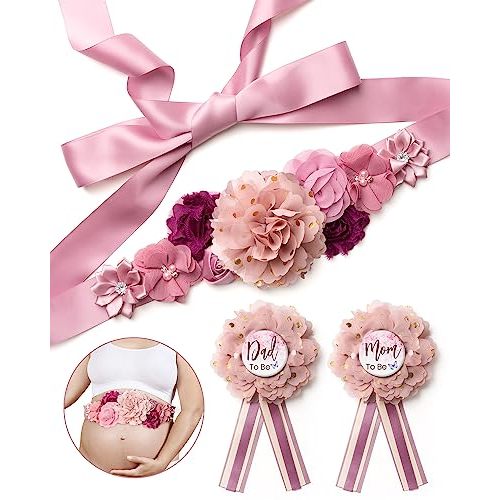 Mom to be Sash for Baby Shower Decorations, Mom Daddy to Be Corsage Pin - Flower Maternity Belly Band for Maternity Dress - Pregnancy Photo Props Supplies, Gender Reveal Decorations