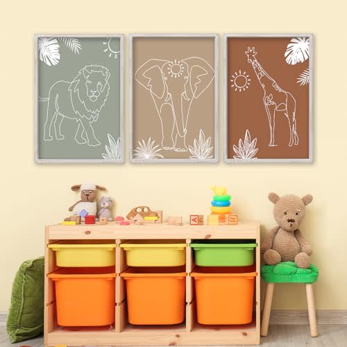 Safari Lion Elephant Giraffe Wall Art Decor 15x10 Inch Set Of 3 Animal Nursery Room Sign for Boy Girl Kids' Baby Bedroom Wood Framed Neutal Home Jungle Artwork Wall Hanging (White)