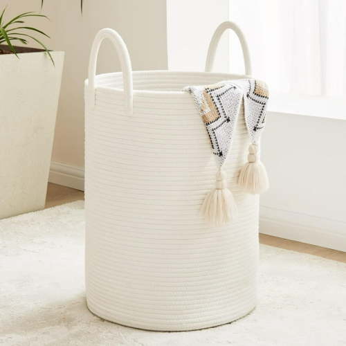 White Woven Rope Laundry Basket, 58L Tall Laundry Basket for Blanket Storage, Large Baby Nursery Hamper for Laundry, Decorative Clothes Hamper for Bedroom, Living Room