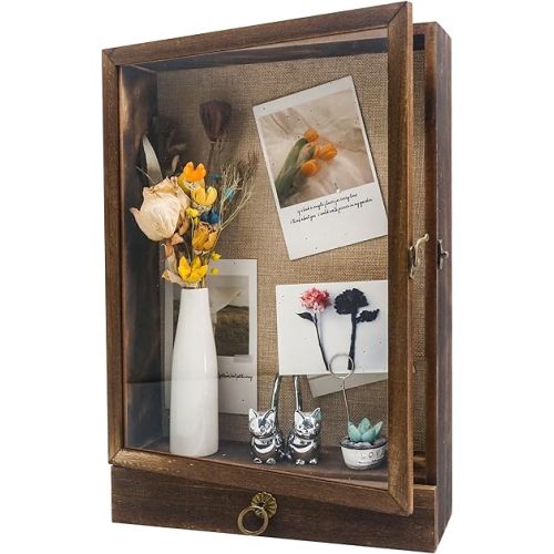 11x16 Deep Shadow Box Frame with Drawer and Soft Line Back, Wooden Display Case Memory Box Real Glass for Keepsakes Collections, Medals, Bouquet Wall or Tabletop