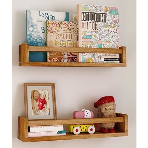 Nursery Floating Shelves, Nursery Book Shelves for Wall, 16 inch Wall Bookshelf for Kids Solid Wood Wall Mounted Shelves for Books,Toys and Decor Storage, Set of 2