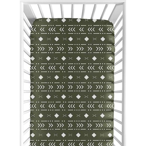 Sweet Jojo Designs Hunter Green Boho Tribal Mudcloth Boy or Girl Fitted Crib Sheet Baby or Toddler Bed Nursery - White Woodland Bohemian Southwest Geometric Arrow Gender Neutral Aztec Mud Cloth