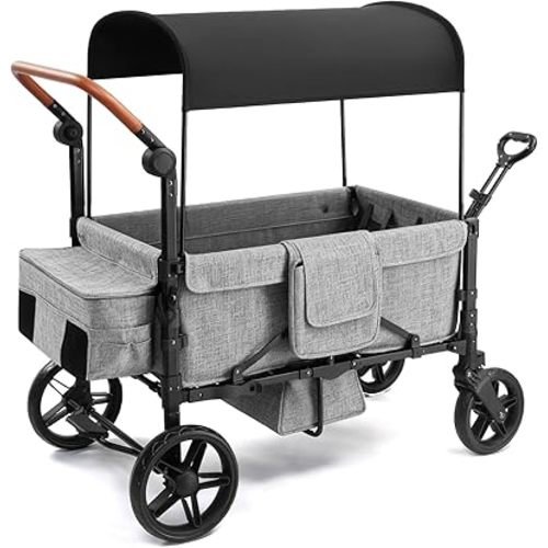 Stroller Wagon for 4 Kids, Foldable All Terrain Wagon for Kids, with Removable Canopy, Adjustable Push and Pull Handle, 5 Point Harnesses, Large Storage Bag (Gray)