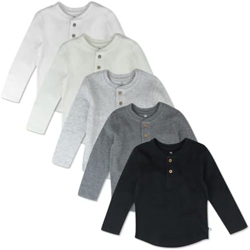 HonestBaby 5-Pack Waffle Henley Long Sleeve Shirts 100% Organic Cotton for Infant Baby and Toddler Boys, Unisex