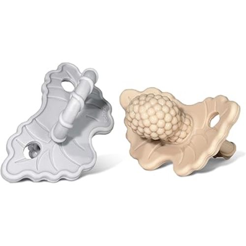RaZbaby Soft Silicone Infant & Baby Teether, Berrybumps Textured Teething Relief Pacifier 3M+, Soothes Gums, Hands-Free & Easy-to-Hold Fruit-Shaped RaZberry Design, BPA Free, 2-Pack – Tan/Grey